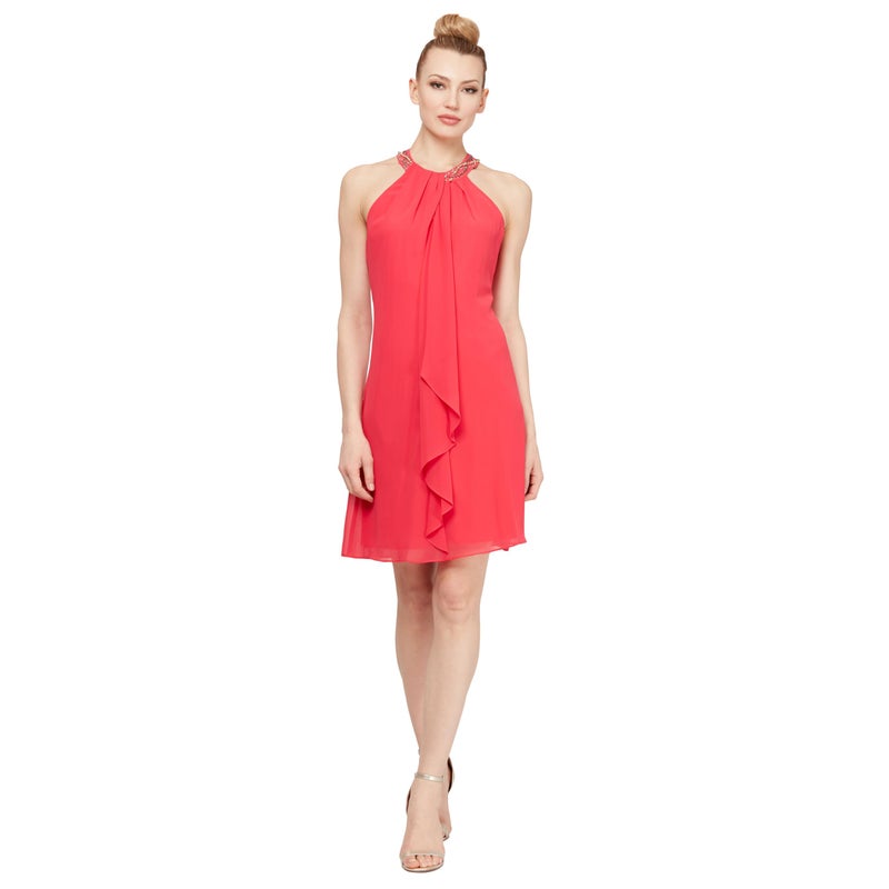 S.L. Fashions Women's Jewel Halter Neckline Cocktail Dress, Wedding Guest, Perfect Party Dress,(Petite and Regular Sizes), Cerise, 16 - Image 1